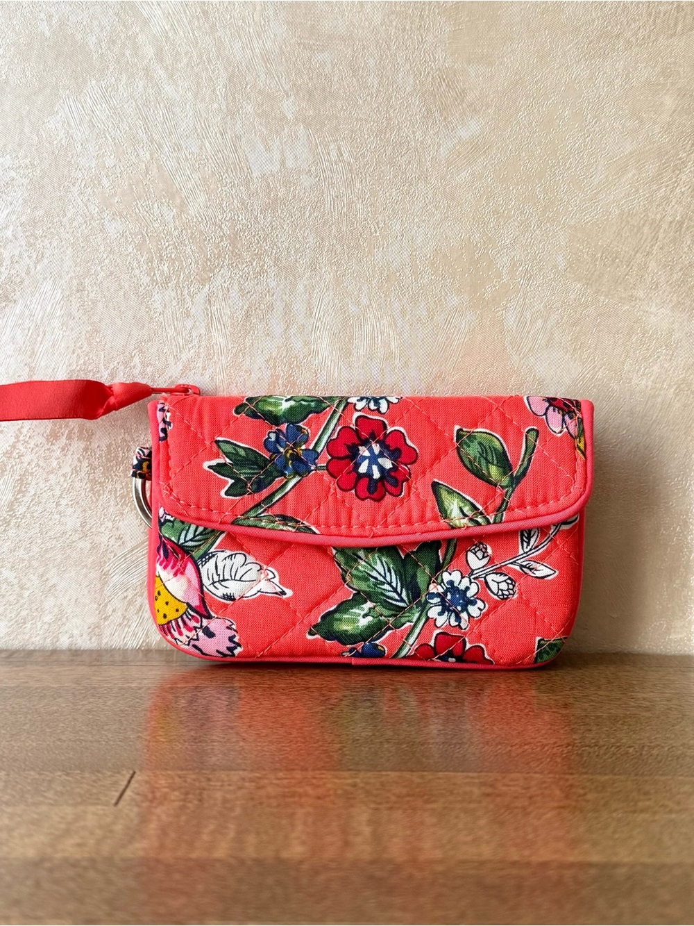 Vera Bradley Coral Floral Zip ID Wallet with Key Ring